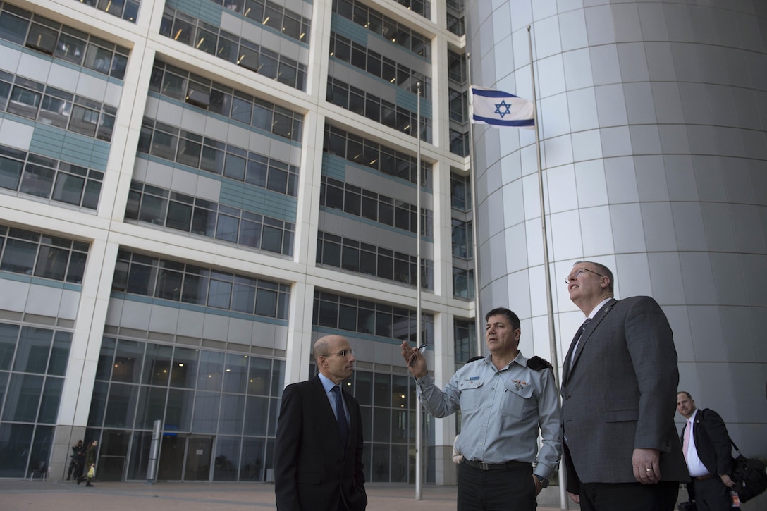 U.S. Deputy Defense Secretary Bob Work, right, receives a tour of the Israeli Defense Ministry in Tel Aviv, Jan. 13, 2016. DoD photo by Navy Petty Officer 1st Class Tim D. Godbee