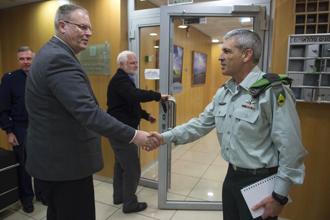 U.S. Deputy Defense Secretary Bob Work, left, arrives at the Israeli Defense Ministry in Tel Aviv, Jan. 13, 2016. DoD photo by Navy Petty Officer 1st Class Tim D. Godbee