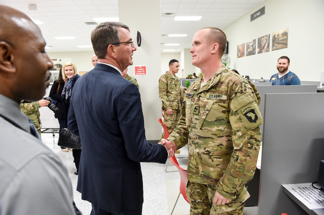Defense Secretary Ash Carter shakes hands with a soldier at the Soldier Readiness Processing and Family Assistance Center on Fort Campbell, Ky., Jan. 13, 2016. DoD photo by Army Sgt. 1st Class Clydell Kinchen