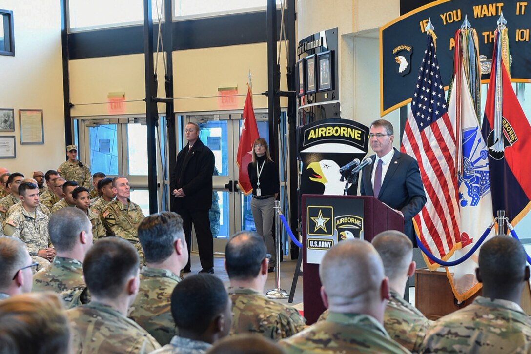Defense Secretary Ash Carter delivers remarks to soldiers at the 101st Airborne Division's headquarters on Fort Campbell, Ky., Jan. 13, 2016. The solders will deploy to Iraq later this year. DoD photo by U.S. Army Sgt. 1st Class Clydell Kinchen
