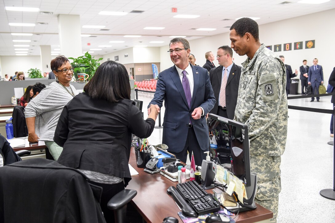 Defense Secretary Ash Carter greets people at the Soldier Readiness Processing and Family Assistance Center on Fort Campbell, Ky., Jan. 13, 2016. DoD photo by Army Sgt. 1st Class Clydell Kinchen
