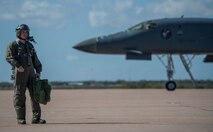 U.S. Air Force Senior Airman Ryan McDonnell, 7th Equipment Maintenance Squadron aerospace ground equipment journyman, waits to board a B-1B Lancer Nov. 20, 2015, at Dyess Air Force Base, Texas. McDonnell was nominated to fly as a passenger as part of an incentive program rewarding superior-performing Airmen. (U.S. Air Force photo by Airman Quay Drawdy/Released)