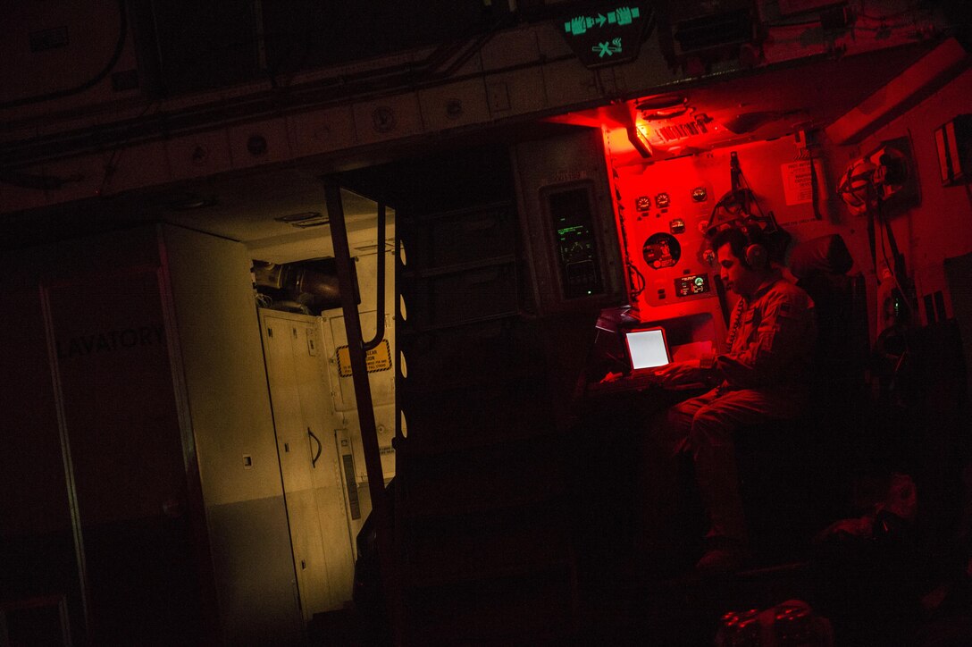 U.S. Air Force Staff Sgt. Jose Montoya flies on a C-17 Globemaster III from Al Udeid Air Base, Qatar, in support of Operation Resolute Support, Jan. 13, 2016. Montoya is a loadmaster assigned to the 816th Expeditionary Airlift Squadron. U.S. Air Force photo by Staff Sgt. Corey Hook