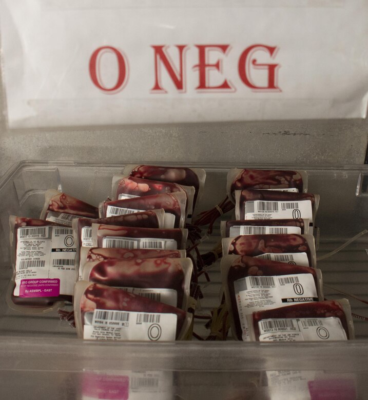 Packages of red blood cell units sit inside a walk-in refrigerator in the Blood Transshipment Center at Al Udeid Air Base, Qatar, Jan. 13, 2016. The refrigerator can hold 1,000 red blood cell units. The center shipped nearly 23,000 units of blood to more than 30 forward operating locations in the U.S. Central Command area of responsibility in 2015. (U.S. Air Force photo/Tech. Sgt. James Hodgman)
