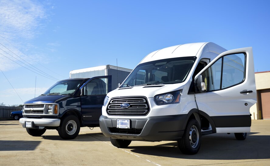 The 2nd Logistics Readiness Squadron vehicle management flight compares new and old vehicles to show changes and benefits to receiving new vehicles at Barksdale Air Force Base, La., Jan. 11, 2016. Over the next three years, 2nd LRS will be receiving nearly 100 vehicles to disseminate to various units. (U.S. Air Force photo/Airman 1st Class Mozer O. Da Cunha) 