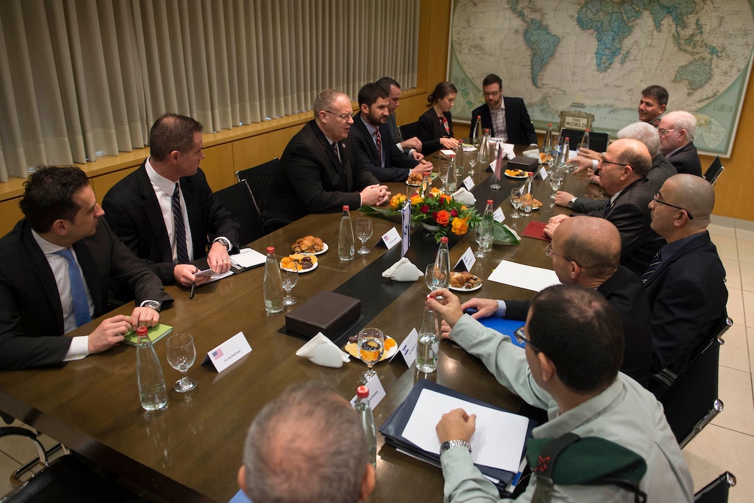 U.S. Deputy Defense Secretary Bob Work, center left, meets with Israeli Defense Minister Moshe Yaalon in Tel Aviv, Israel, Jan. 14, 2016. DoD photo by Navy Petty Officer 1st Class Tim D. Godbee