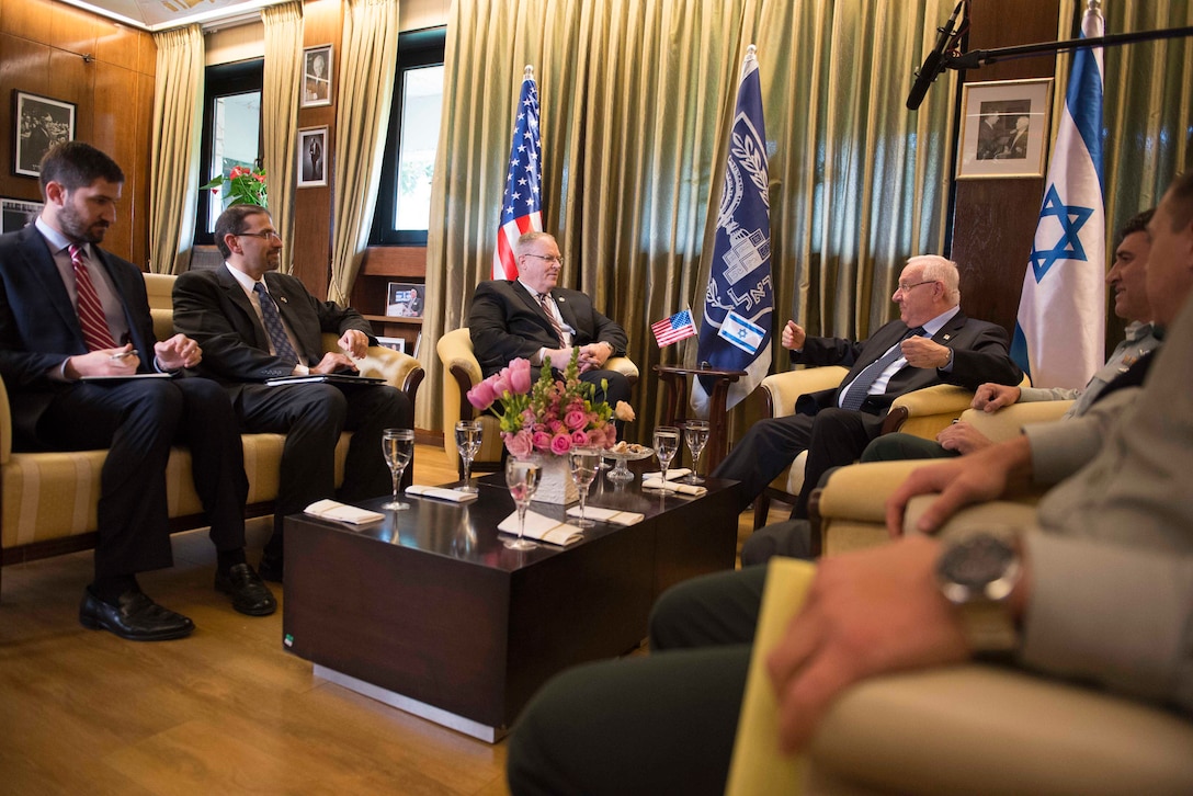 U.S. Deputy Defense Secretary Bob Work, center, meets with Israeli President Reuven Rivlin in Jerusalem, Jan. 14, 2016. DoD photo by Navy Petty Officer 1st Class Tim D. Godbee