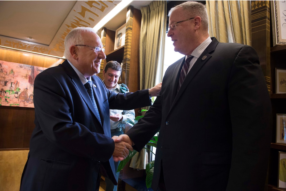 U.S. Deputy Defense Secretary Bob Work, right, meets with Israeli President Reuven Rivlin in Jerusalem, Jan. 14, 2016. DoD photo by Navy Petty Officer 1st Class Tim D. Godbee