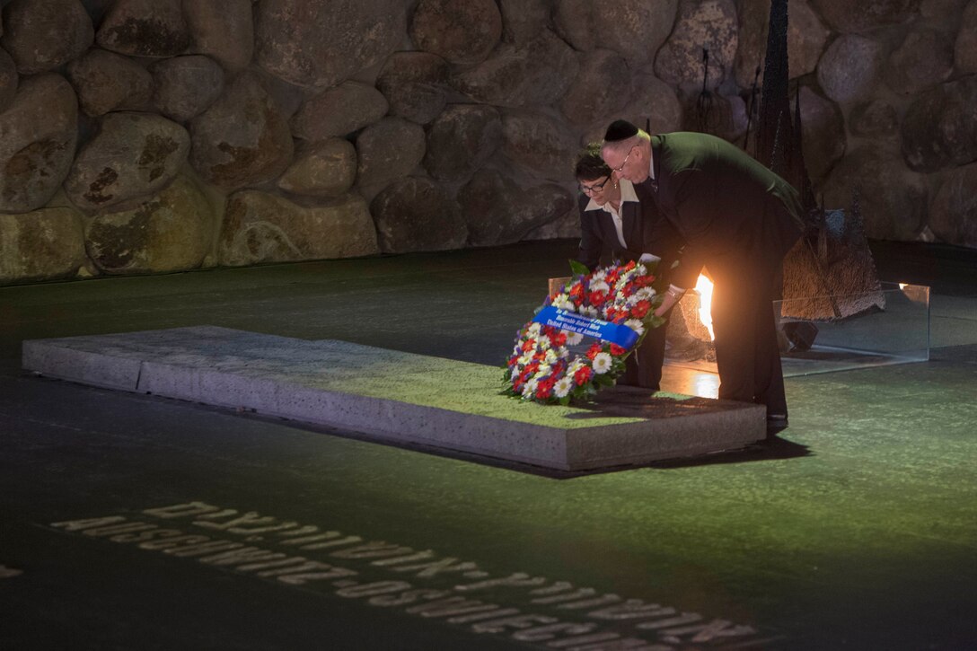 U.S. Deputy Defense Secretary Bob Work and his wife, Cassandra, take part in a wreath-laying ceremony at Yad Vashem, a living memorial to the Holocaust, in Jerusalem, Jan. 14, 2016. Work traveled to Jerusalem to meet with Israeli leaders and visit local sites. DoD photo by Navy Petty Officer 1st Class Tim D. Godbee
