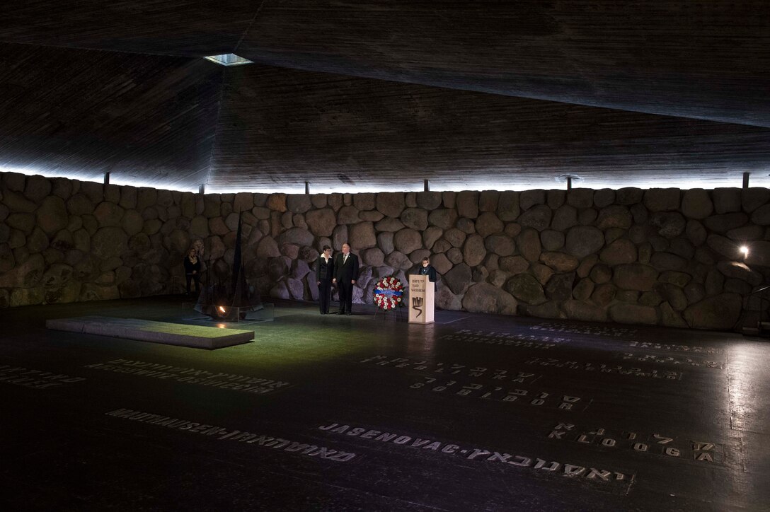 U.S. Deputy Defense Secretary Bob Work and his wife, Cassandra, take part in a wreath-laying ceremony at Yad Vashem, a living memorial to the Holocaust, in Jerusalem, Jan. 14, 2016. DoD photo by Navy Petty Officer 1st Class Tim D. Godbee
