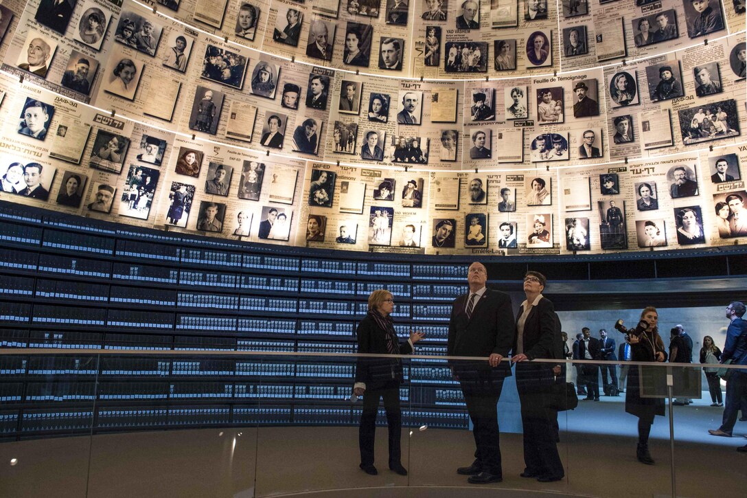U.S. Deputy Defense Secretary Bob Work, center, and his wife, Cassandra, receive a tour of Yad Vashem, a living memorial to the Holocaust, in Jerusalem, Jan. 14, 2016. DoD photo by Navy Petty Officer 1st Class Tim D. Godbee 