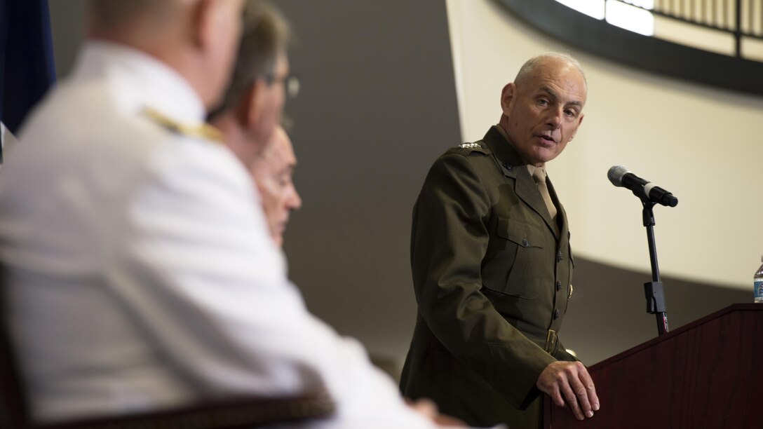 U.S. Marine Corps General John F. Kelly speaks during the U.S. Southern Command change of command ceremony at SOUTHCOM headquarters in Doral, Fla., Jan. 14, 2016. U.S. Navy Adm. Kurt W. Tidd is the new SOUTHCOM commander, succeeding Kelly.