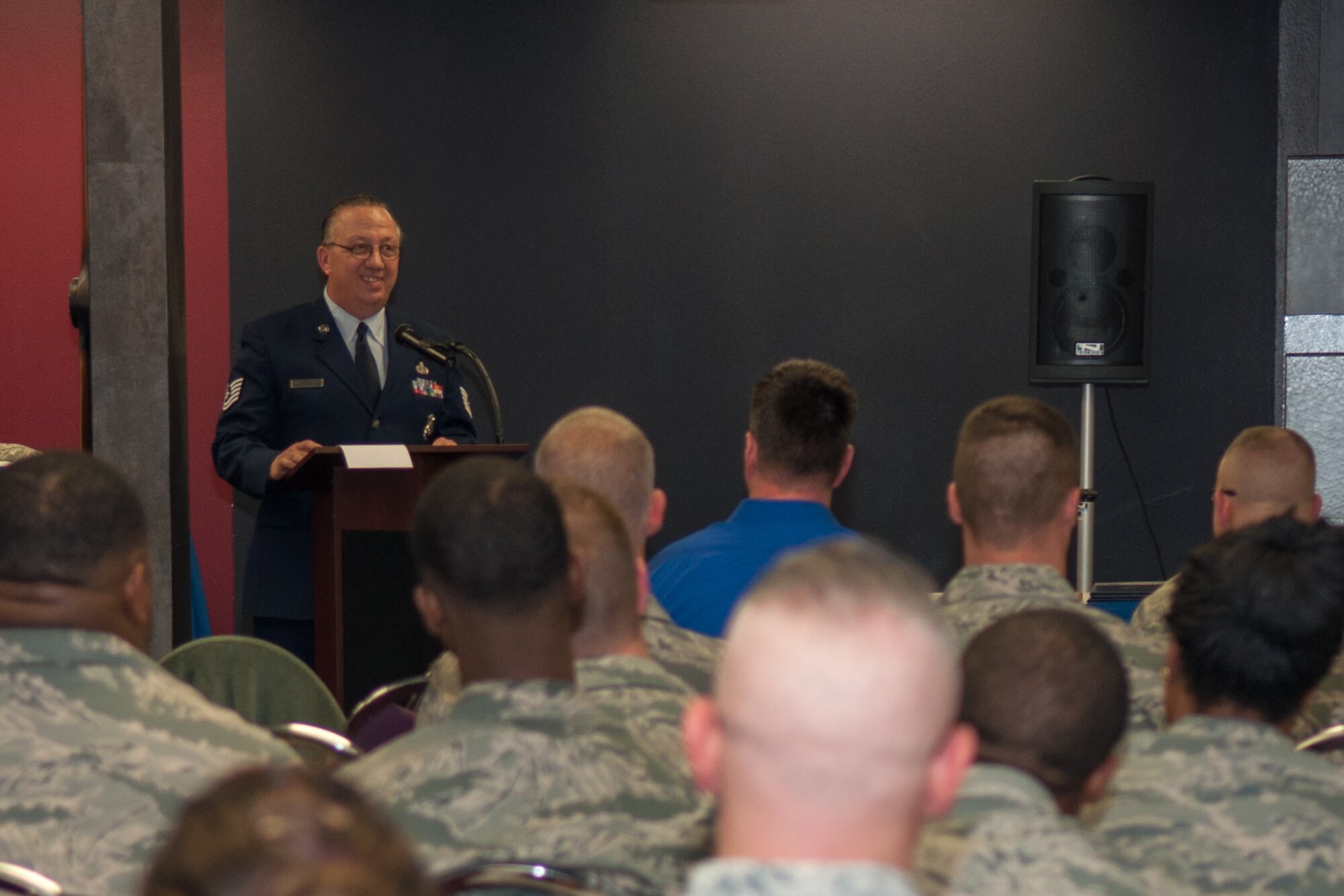 U.S. Air Force Tech. Sgt. Melvin Cargill addresses the audience during his retirement ceremony from the 307th Security Forces Squadron on Jan. 9, 2016 at Barksdale Air Force Base, La. Cargill is retiring after 33 years of service. (U.S. Air Force photo by Master Sgt. Dachelle Melville/Released)