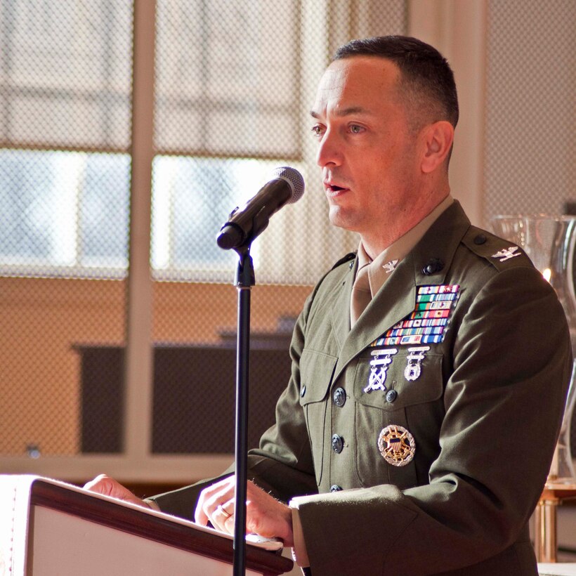 Col. Joseph Murray, base commander, speaks at the birthday observance for Dr. Martin Luther King Jr. on Jan. 14 at the Marine Memorial Chapel aboard Marine Corps Base Quantico. The highly attended event included music from the Marine Corps Ceremonial Band.