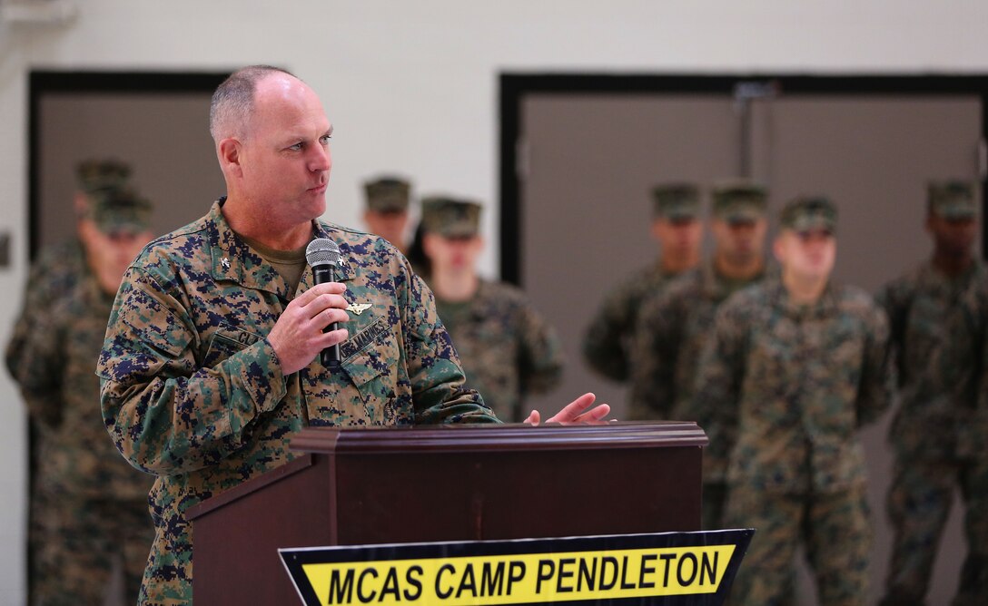 Col. Ian R. Clark, commanding officer, Marine Corps Air Station Camp Pendleton, speaks to the audience during a a ribbon-cutting ceremony to unveil a new hangar for MV-22 Ospreys here, Jan.14. (Photo by Cpl. Shaltiel Dominguez)