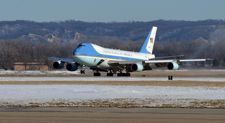 Air Force One arrived at Offutt Air Force Base, Neb., on Aug. 13 at approximately 2 p.m. where President Barack Obama was greeted by base leadership as-well-as state and local officials. The president met with a local teacher and also gave a speech at to the University of Nebraska Omaha’s Baxter Arena.  (U.S. Air Force photo by Josh Plueger/Released)