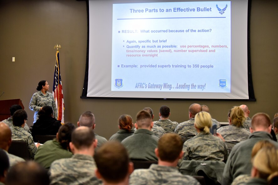 Chief Master Sgt. Angela Woods from the 932nd Medical Squadron teaches a class about effective writing for an enlisted performance report (EPR) during the January unit training assembly, Jan. 10, 2016, Scott Air Force Base, Illinois.  The class was attended by over 90 Airmen, both enlisted and officers.  (U.S. Air Force photo by Tech. Sgt. Christopher Parr)