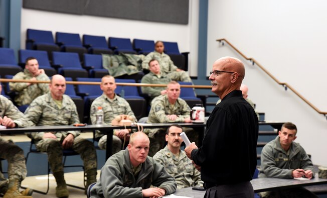 Mark McDaniel, Arkansas Yellow Ribbon Reintegration Program coordinator, speaks to members of the 188th Wing Jan. 10, 2016, about the YRRP at Ebbing Air National Guard Base, Fort Smith, Ark. The YRRP’s mission is to assist, collaborate and partner with the Armed Services at the lowest level possible in order to provide service members, veterans and their family members with informational events and activities, referrals and proactive outreach services throughout the phases of deployment or mobilization. (U.S. Air National Guard photo by Senior Airman Cody Martin/Released)