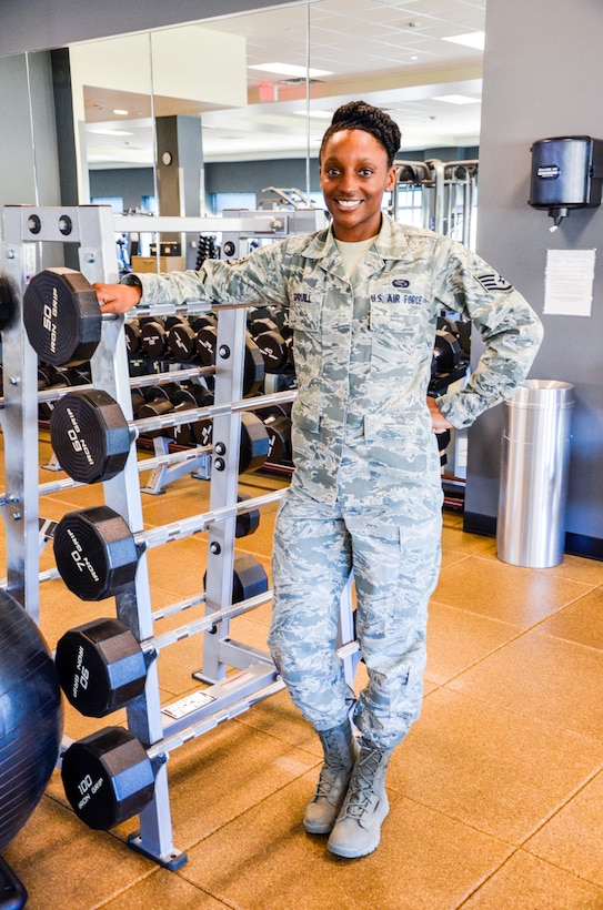 Staff Sgt. Jasmine Spruill, the Assistant NCO in charge of the Personnel Readiness Unit, Warfighter Readiness and Execution Directorate at AFOSI headquarters, made an immediate impact as a bodybuilder with first and second place finishes her first two competitions. (U.S. Air Force photo/Wayne Amann)   