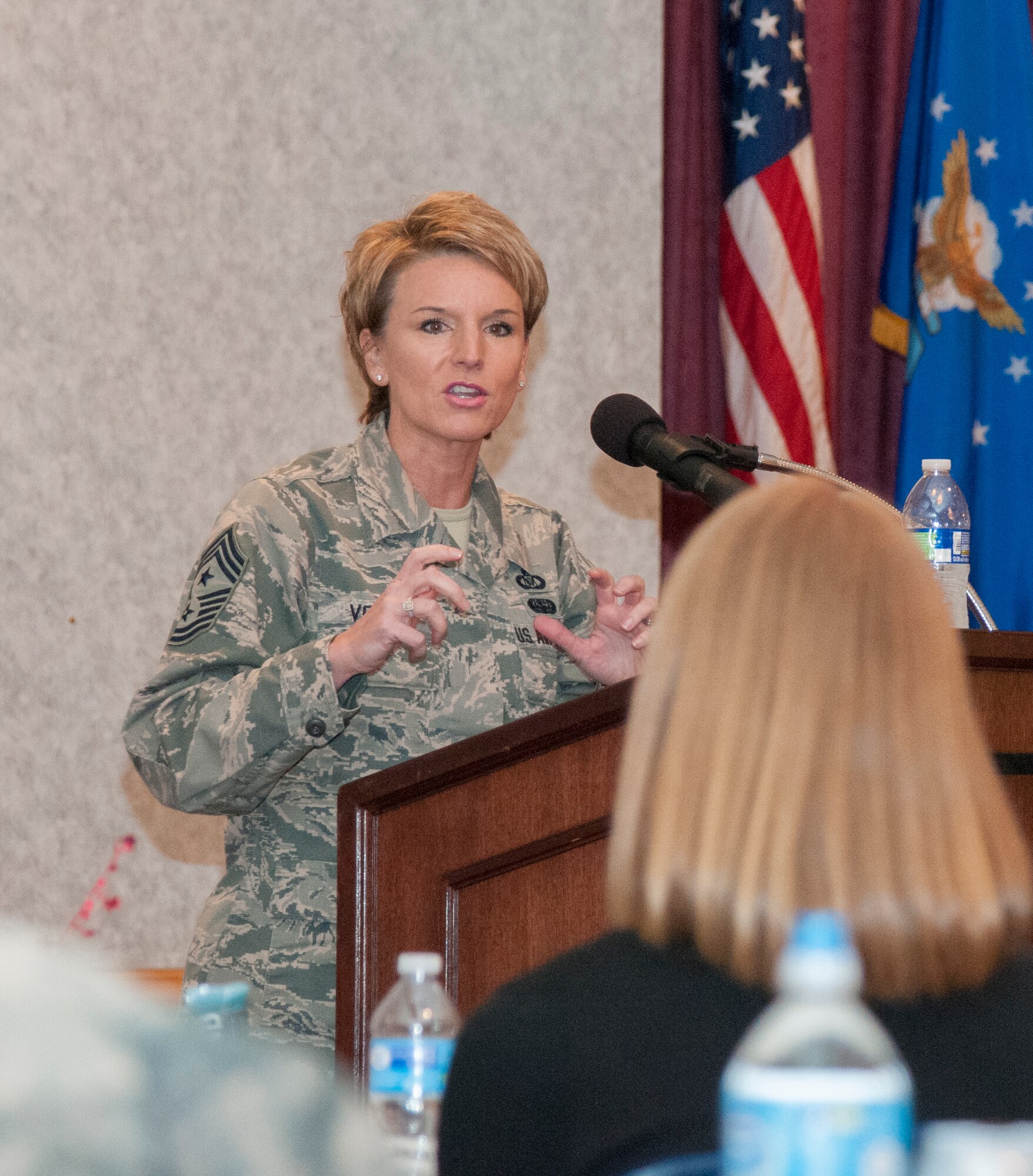 Chief Master Sgt. Gay Veale, 11th Air Force command chief, speaks to Airmen attending the 20th Air Force Women’s Leadership Symposium in the F.E. Warren Air Force Base, Wyo., Trail’s End Event Center Sept. 16, 2015. The WLS was one of the ICBM Center for Excellence’s projects that drew scores of female Airmen to be mentored by leaders throughout the Air Force and share ideas about bettering the military experience for female Airmen. (U.S. Air Force photo by Senior Airman Jason Wiese)