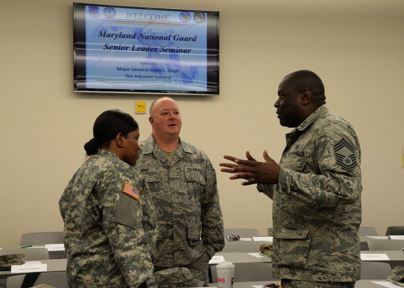 Members of the Maryland National Guard converse before The Adjutant General’s Maryland National Guard Senior Leadership Seminar Jan. 10, 2016 at Warfield Air National Guard Base, Baltimore, Md.  The purpose of the seminar was to explain The Adjutant General’s vision and discuss the criteria for successful leaders. (U.S Air National Guard Photo by Airman 1st Class Enjoli Saunders/RELEASED)