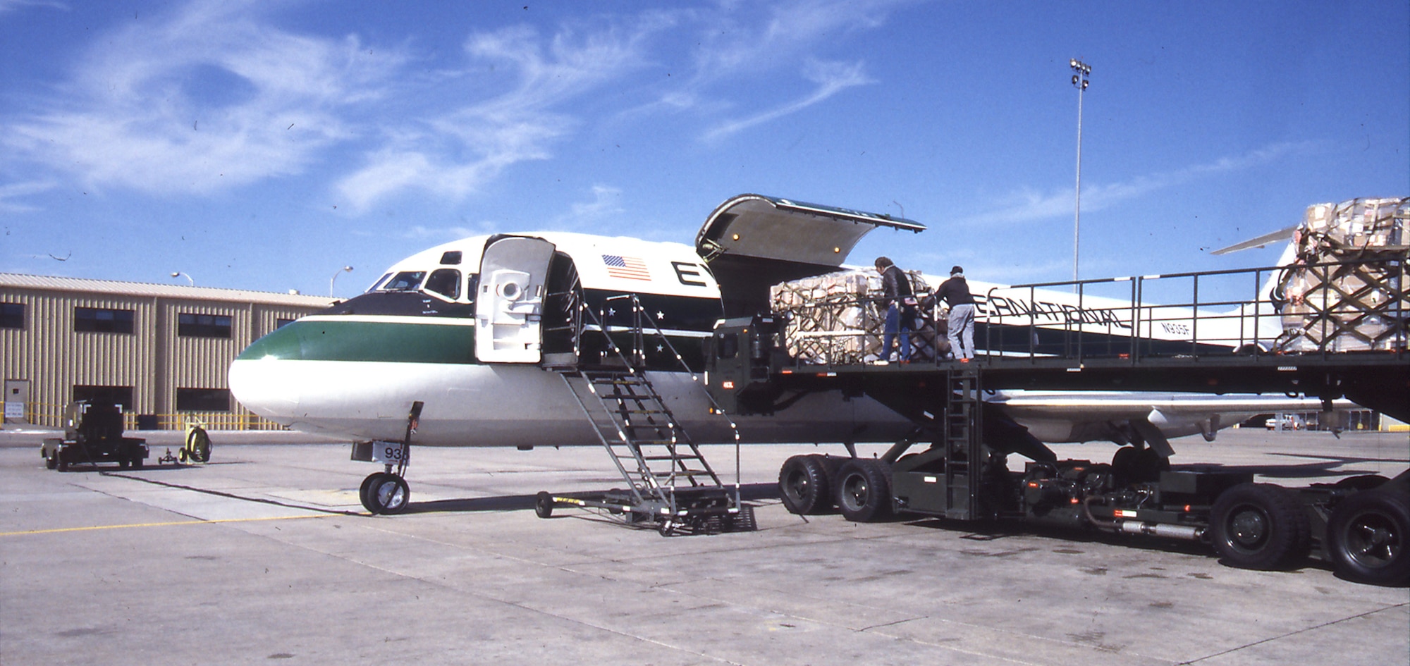 Tinker Air Freight Terminal workers load cargo bound for Operation Desert Storm. Working 24/7 operations, the Directorate of Distribution handled more than 40,000 tons of cargo during the war. (Courtesy photo/Released)