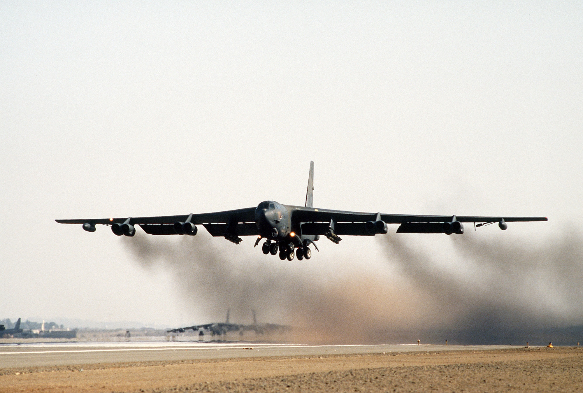 A B-52G Stratofortress bomber aircraft of the 1708th Bomb Wing takes off on a mission during Operation Desert Storm. Seven B-52’s from Barksdale Air Force Base, La., carried Conventional Air-Launched Cruise Missiles into the fight. The strikes were launched against eight high-priority Iraqi targets. The Oklahoma City Air Logistics Center managed both the ALCM and B-52G weapon systems. (Courtesy photo/Released)