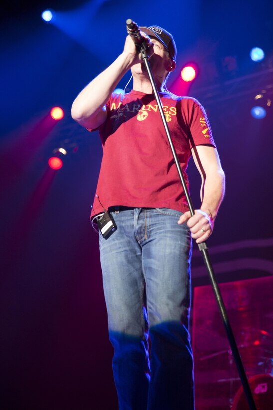 Brad Arnold, lead singer of 3 Doors Down, begins his performance for the residents of Marine Corps Air Station Iwakuni, Japan, during the bands visit to the air station Jan. 14, 2016. Members of the band said they do these tours in order to give back to the men and women who have already given so much.