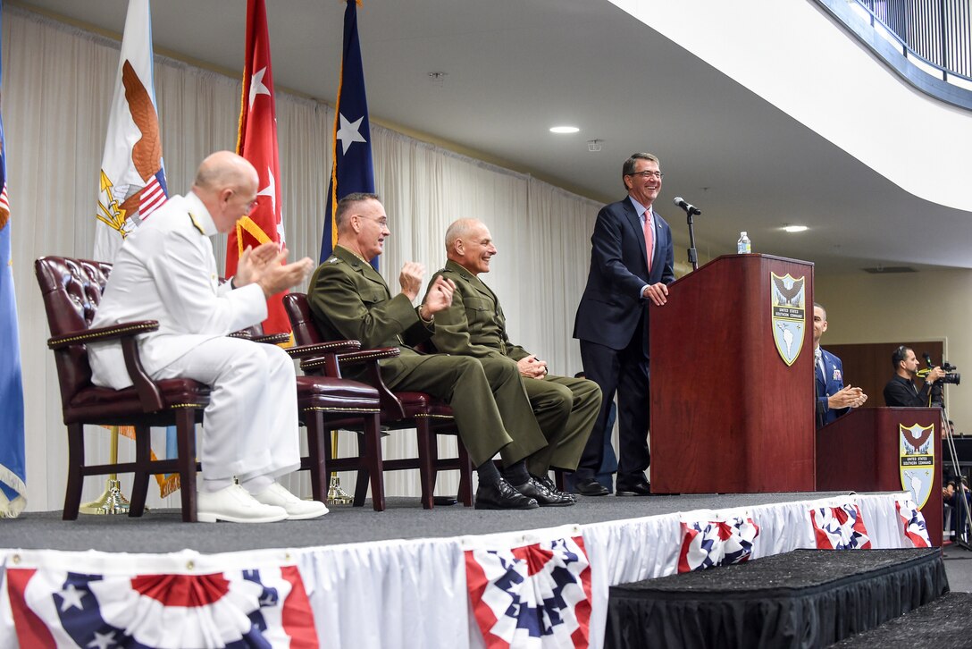 Defense Secretary Ash Carter delivers remarks at  U.S. Southern Command's change-of-command ceremony as  Navy Adm. Kurt W. Tidd assumes command of U.S. Southcom from Marine Corps Gen. John F. Kelly on MacDill Air Force Base, Jan. 14, 2016. DoD photo by Army Sgt. 1st Class Clydell Kinchen