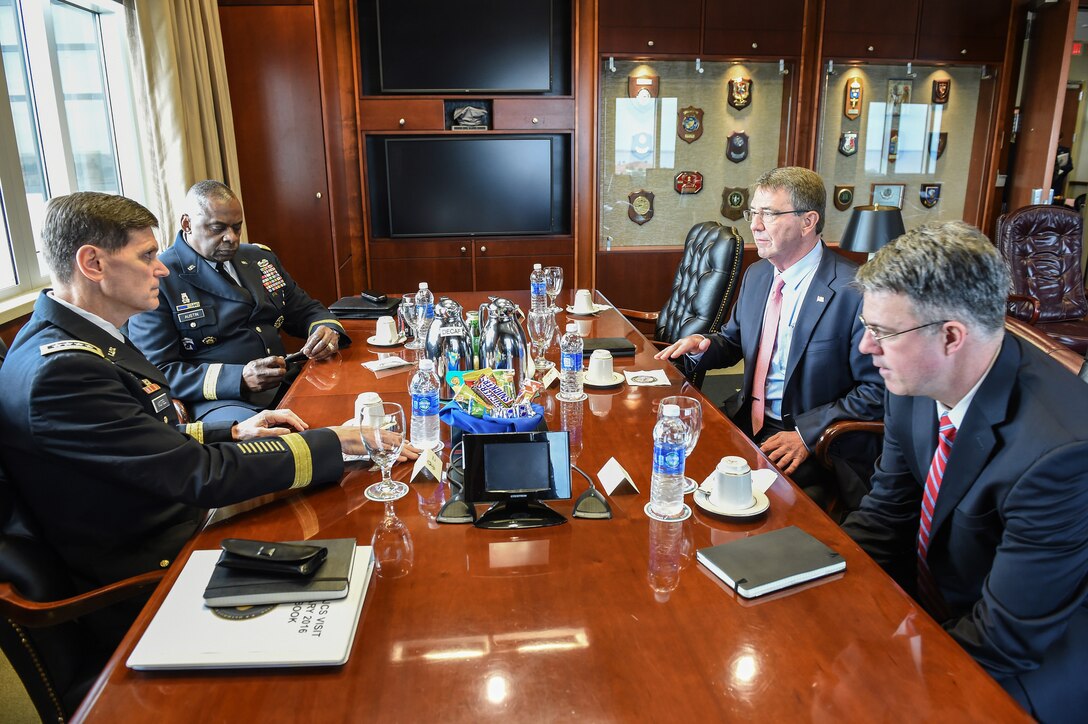 Defense Secretary Ash Carter, Army Gen. Lloyd J. Austin III, commander of U.S. Central Command, and Army  Gen. Joseph Votel, commander of U.S. Special Operations Command, meet to receive a campaign update from military leaders and to thank the men and women of both Centcom and Socom on MacDill Air Force, Jan. 14, 2016. DoD photo by Army Sgt. 1st Class Clydell Kinchen