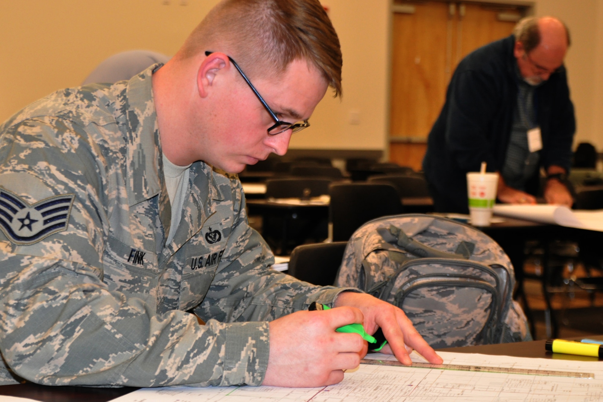 Staff Sgt. Daniel Fink, a pest management supervisor assigned to Dover Air Force Base, Delaware, works on an aerial spray mapping exercise during the Department of Defense (DoD) Aerial Spray Certification Course at the Lee County Mosquito Control District Training Center here, Jan. 11, 2016. The four-day course, a certification requirement for pest management personnel involved in the aerial spraying of products designed to destroy disease-carrying insects, is taught by mission specialists assigned to the 910th Airlift Wing based at Youngstown Air Reserve Station, Ohio. (U.S. Air Force photo/Master Sgt. Bob Barko Jr.)