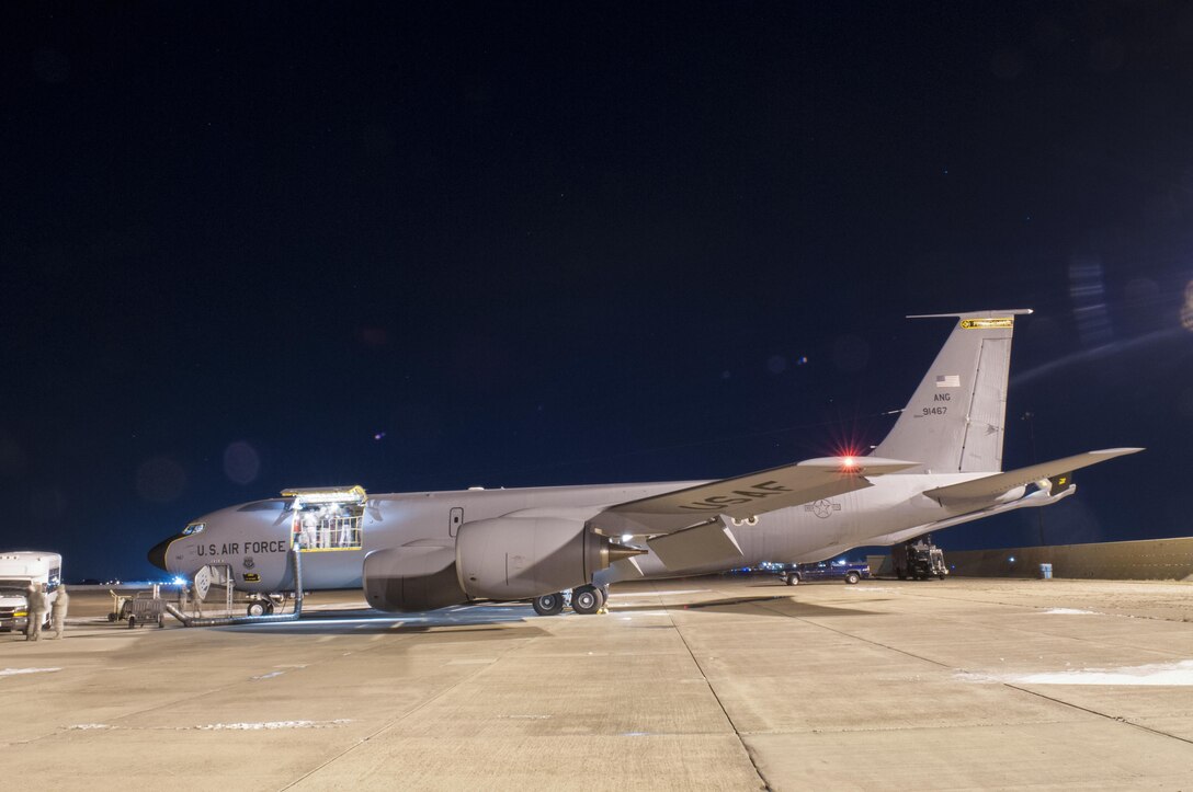 Members of the Pennsylvania Air National Guard from the 171st Air Refueling Wing near Pittsburgh prepare to deploy a KC-135 Stratotanker and about 25 Airmen to the Middle East Jan. 5, 2016. (U.S. Air National Guard photo/Master Sgt. Shawn Monk)