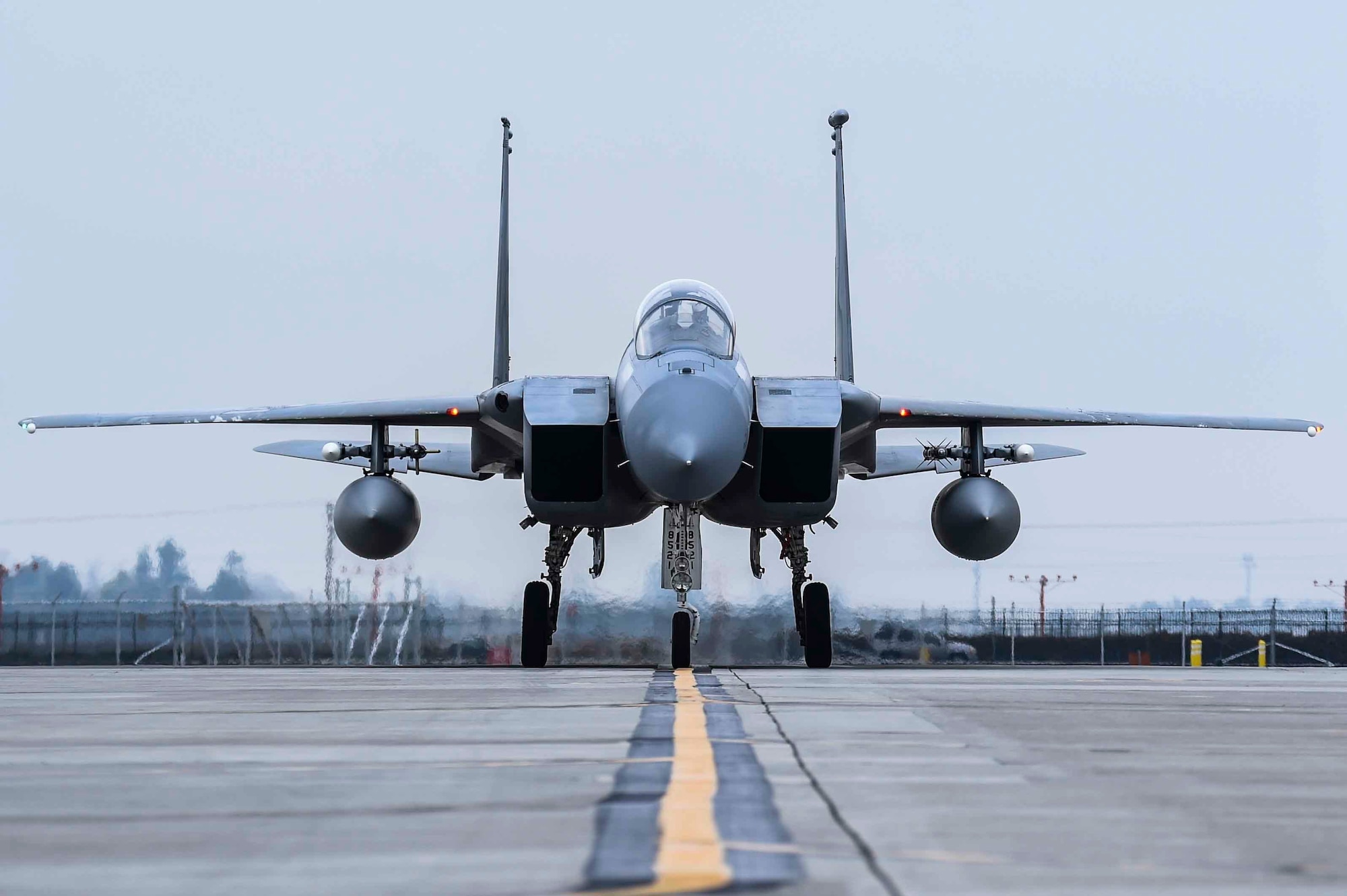 Col. John York, the 144th Operations Group commander, taxies in an F-15C Eagle during his fini flight with the 144th Fighter Wing at Fresno Air National Guard Base, Calif., Jan. 8, 2016. (U.S. Air National Guard photo/Senior Airman Klynne Pearl Serrano)