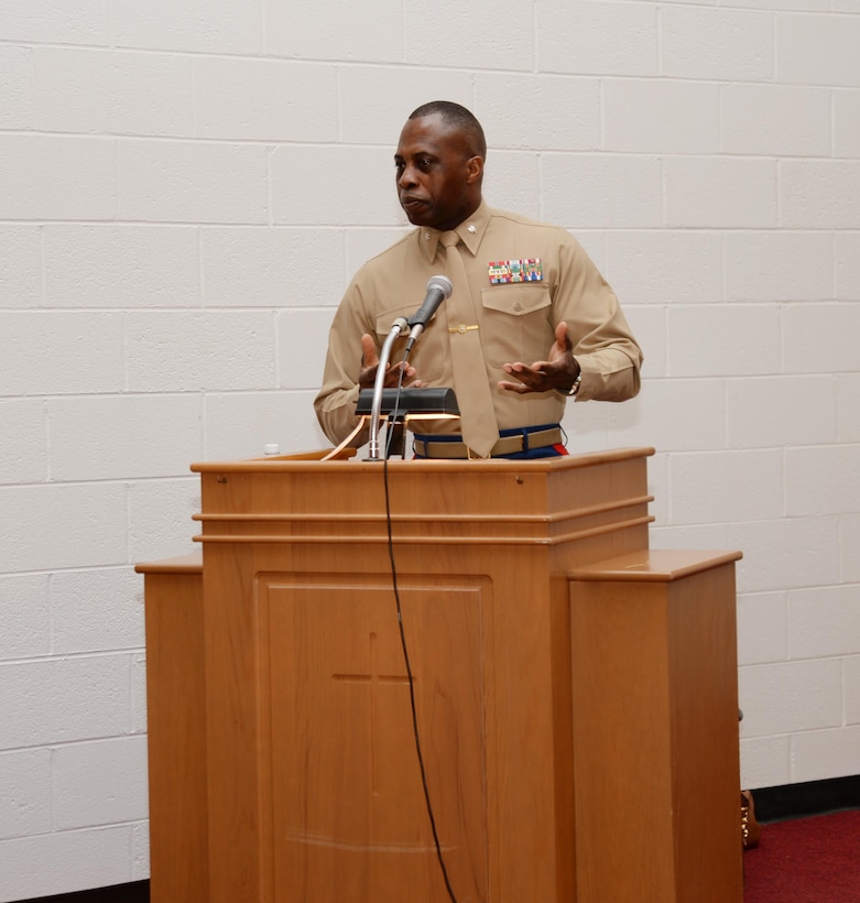 Georgia native, Lt. Col. George Lampkin, deputy director, C4, Marine Corps Logistics Command, aboard Marine Corps Logistics Base Albany, delivers the keynote speech at the installation’s annual observance of the life and legacy of Dr. Martin Luther King Jr. The celebration was held at the installation’s Chapel of the Good Shepherd, Jan. 13.
