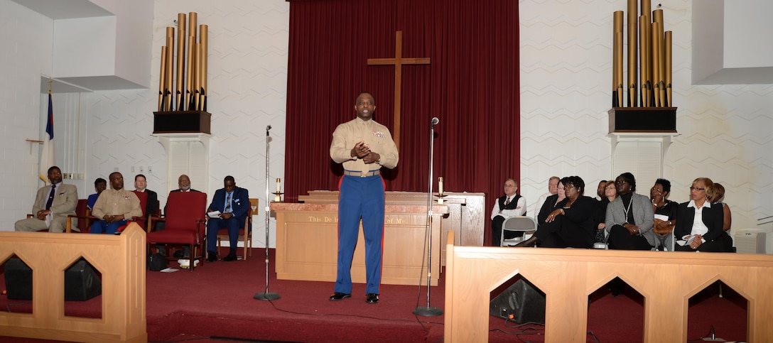 Georgia native, Lt. Col. George Lampkin, deputy director, C4, Marine Corps Logistics Command, aboard Marine Corps Logistics Base Albany, delivers the keynote speech at the installation’s annual observance of the life and legacy of Dr. Martin Luther King Jr. The celebration was held at the installation’s Chapel of the Good Shepherd, Jan. 13.
