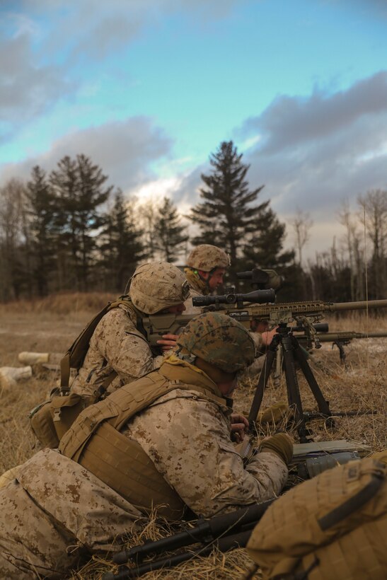 The Scout Sniper Platoon with Company B, 1st Battalion, 25th Marine Regiment, 4th Marine Division, Marine Forces Reserve,  provide fire support to their company during training exercise Nordic Frost,  Jan. 8, 2016, at Ethan Allen Training Center in Jericho, Vt. The snipers provided support in the defensive position by attacking individual targets as they appeared at distances as far away as 1,000 meters. 