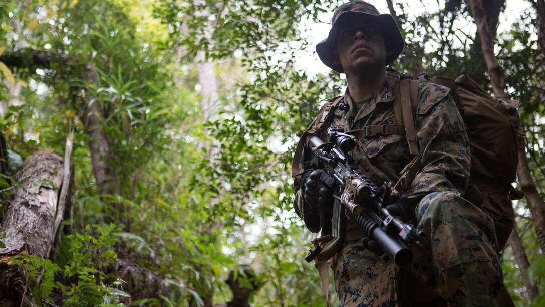 Lance Cpl. Jozay Gonzalez provides security for his team as they cross a danger area Jan. 7, 2016, on Camp Hansen in Okinawa, Japan, during a three-day field training exercise. Marines with Alpha Company, Battalion Landing Team 1st Battalion, 5th Marines, 31st Marine Expeditionary Unit, conducted patrol training in which they had to locate and attack another platoon in their company. Gonzalez, a fire team leader with Alpha Co., BLT 1/5, 31st MEU, is a native of Sutter, California. 