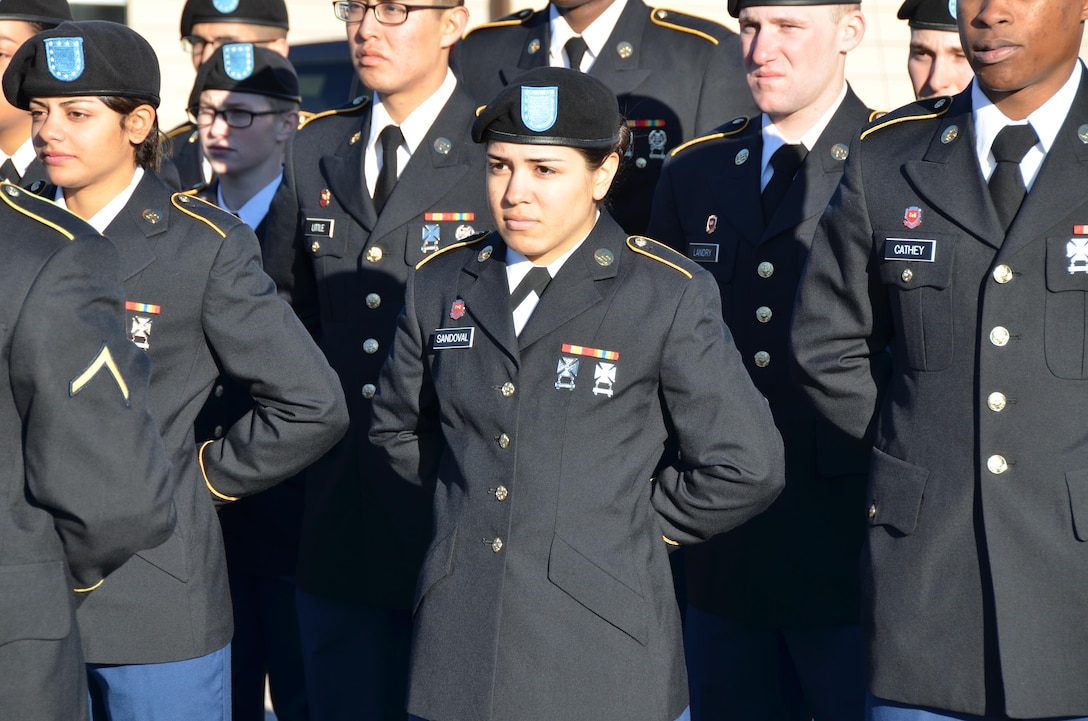 Pvt. Jennifer Sandoval, Company D, 31st Engineer Battalion, stands in formation as her unit prepares for Family Day. Sandoval is one of the first two Army Reserve female 12Bs set to graduate Jan. 15 from Fort Leonard Wood, after which she will return to her home unit of 386th Engineer Company, Las Vegas, Nevada. 12B is the military occupational specialty identifier for combat engineers, a field that until 2015 was not open to women. Combat engineers perform construction and demolition tasks during combat or during combat conditions. (Army photo/Dawn Arden)