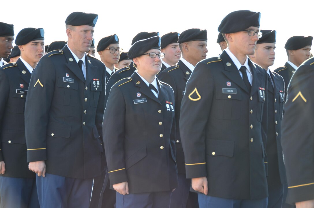 Pvt. Rolanda Harris, Company D, 31st Engineer Battalion, stands in formation as her unit prepares for Family Day. Harris is one of the first two Army Reserve female 12Bs set to graduate Jan. 15 from Fort Leonard Wood, after which she will return to her home unit of Headquarters and Headquarters Company, 478th Engineer Battalion, Fort Thomas, Kentucky. 12B is the military occupational specialty identifier for combat engineers, a field that until 2015 was not open to women. Combat engineers perform construction and demolition tasks during combat or during combat conditions. (Army photo/Dawn Arden)