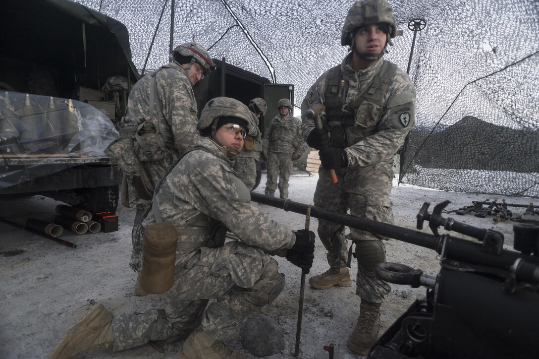 Paratroopers prepare to place an M119A2 105 mm howitzer into position for a live-fire exercise on Joint Base Elmendorf-Richardson, Alaska, Jan. 11, 2016. U.S. Air Force photo by Justin Connaher