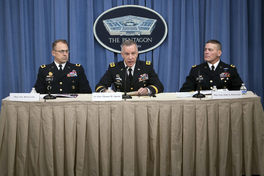 Army Lt. Gen. Thomas W. Spoehr, center, director of the Army office of business transformation, Army Maj. Gen. Paul A. Ostrowski, right, deputy for acquisition and systems management, office of the assistant secretary of the Army for acquisition, logistics and technology, and Army Maj. Gen. Brian Lein, left, commanding general of U.S. Army Medical Research and Materiel Command, discuss results of the investigation into the inadvertent shipment from Dugway Proving Ground of live anthrax spores to a number of laboratories in the U.S. and abroad during a news conference at the Pentagon, Jan. 15, 2016. DoD photo by Air Force Senior Master Sgt. Adrian Cadiz