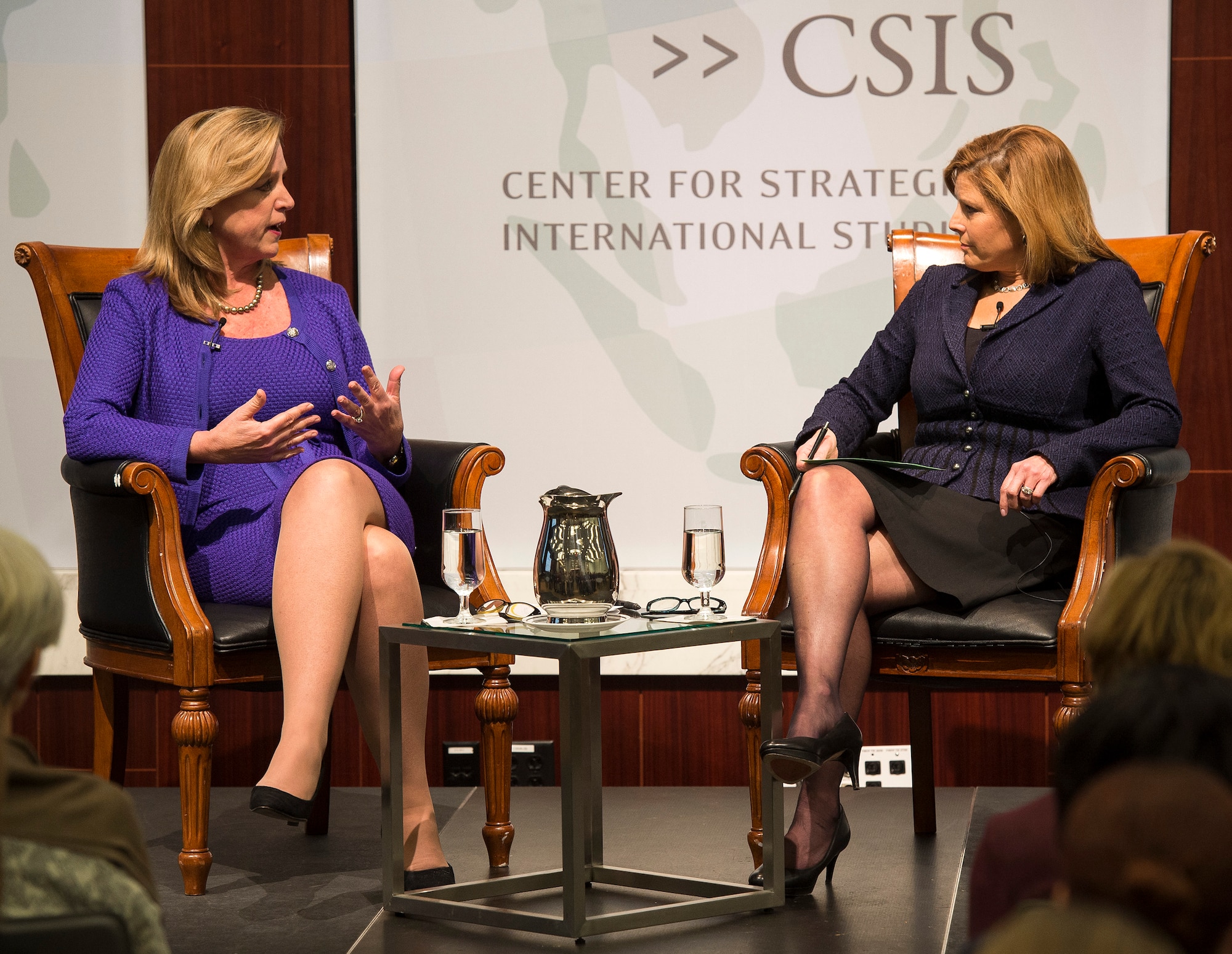 Air Force Secretary Deborah Lee James participates in a moderated discussion as part of the Center for Strategic and International Studies’ Smart Women Smart Power Initiative in Washington, D.C., Jan. 14, 2015. Moderated by Nina Easton, SWSP convenes top-level women leaders to discuss critical and timely issues in their respective fields, reflect on their professional experiences and share ideas and insights. (U.S. Air Force photo/Jim Varhegyi)