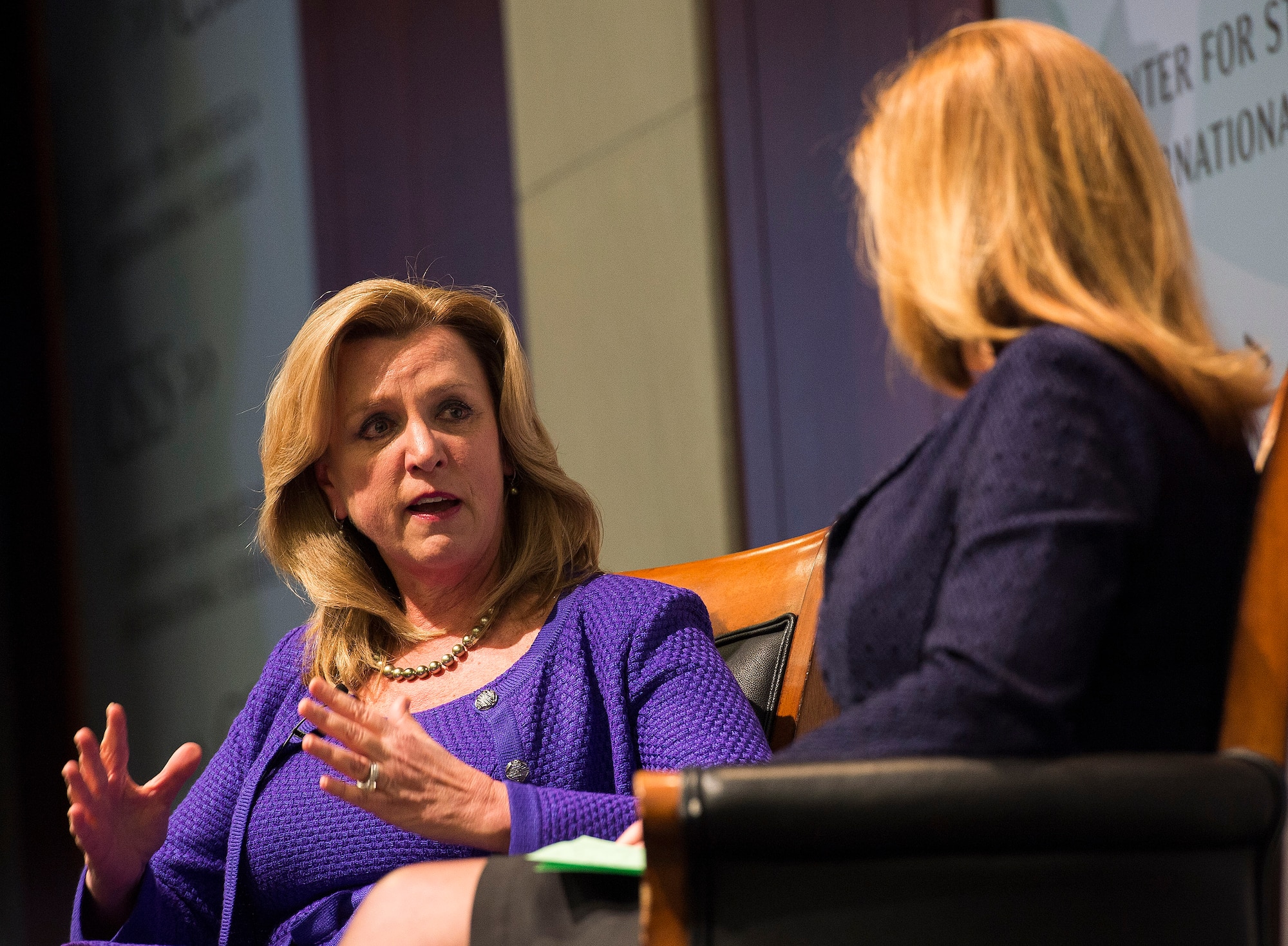 Air Force Secretary Deborah Lee James participates in a moderated discussion as part of the Center for Strategic and International Studies’ Smart Women Smart Power Initiative in Washington, D.C., Jan. 14, 2015. Moderated by Nina Easton, SWSP convenes top-level women leaders to discuss critical and timely issues in their respective fields, reflect on their professional experiences and share ideas and insights. (U.S. Air Force photo/Jim Varhegyi)