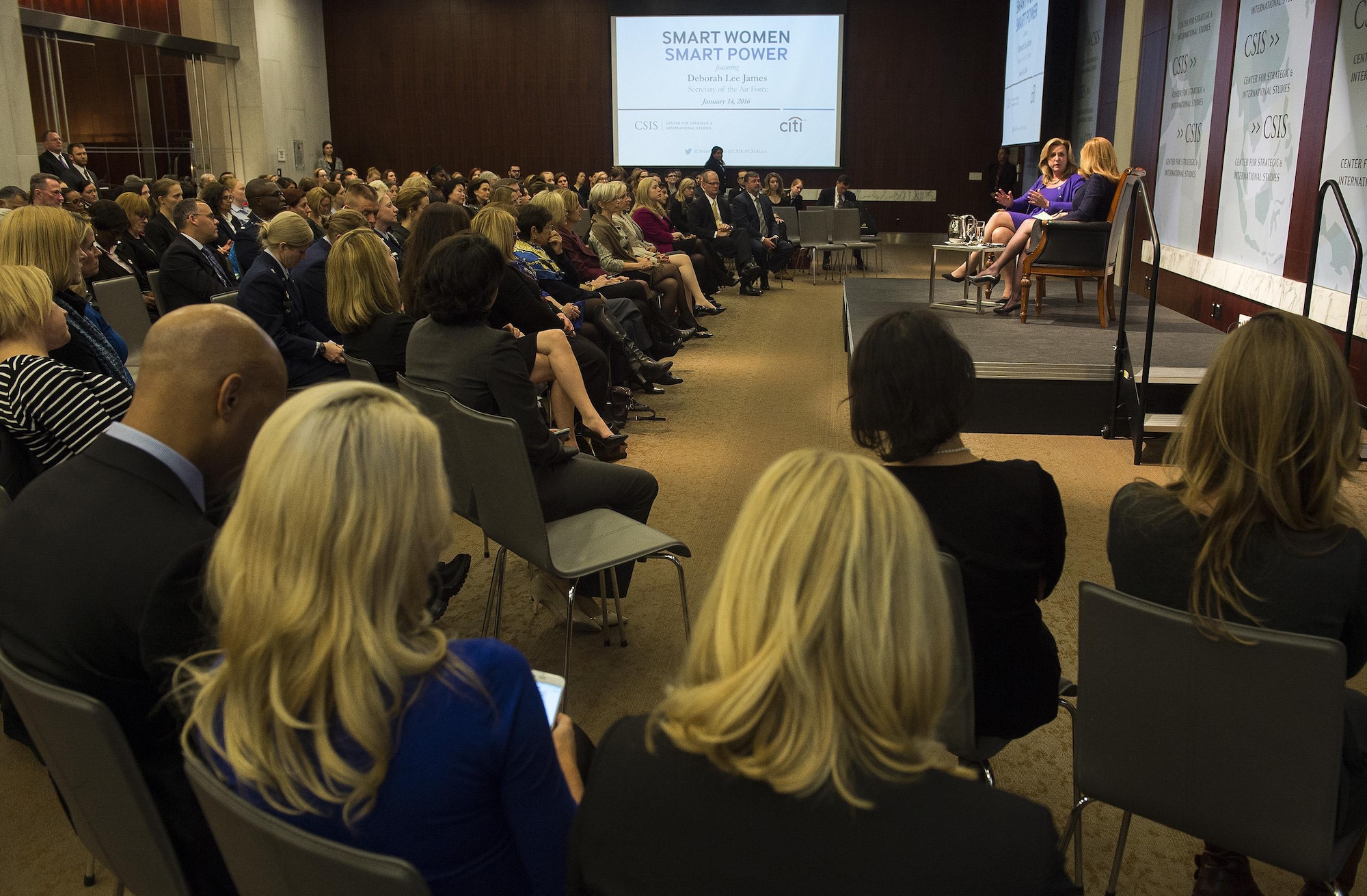 Air Force Secretary Deborah Lee James participates in a moderated discussion as part of the Center for Strategic and International Studies’ Smart Women Smart Power Initiative in Washington, D.C., Jan. 14, 2015. Moderated by Nina Easton, SWSP convenes top-level women leaders to discuss critical and timely issues in their respective fields, reflect on their professional experiences and share ideas and insights. (U.S. Air Force photo/Jim Varhegyi)