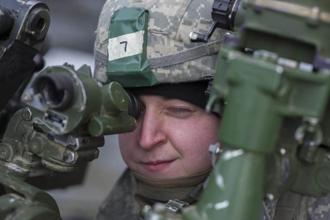 Army Spc. James Rolf looks through the direct fire sight of an M119A2 105 mm howitzer during a live-fire exercise on Joint Base Elmendorf-Richardson, Alaska, Jan. 11, 2016. U.S. Air Force photo by Justin Connaher