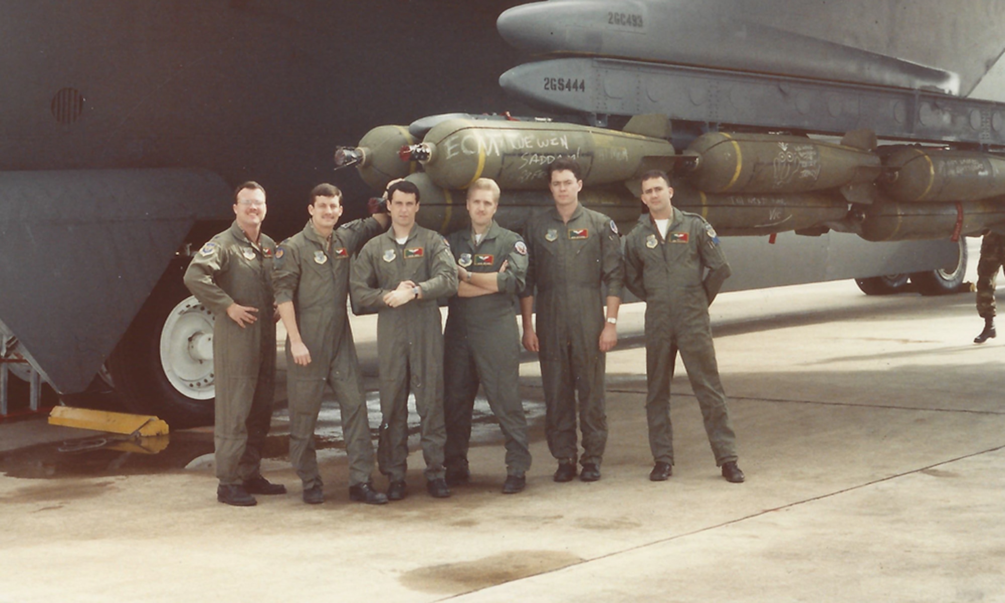 Warren Ward, second to left, served as a B-52G co-pilot on a top secret mission nicknamed "Secret Squirrel," the first bombing mission of Operation Desert Storm. The operation marked the first use of conventional air-launched cruise missiles in combat. The crew returned to Barksdale in a single sortie and with a few day's rest, Ward was called back to duty and continued flying the B-52 throughout Operation Desert Storm. Today, Air Force Global Strike Command air crews remain ready to execute the mission on a moment's notice just as they were ready 25 years before. The B-52, along with the B-2  and ICBM forces, remains an important part of the nuclear triad. (Courtesy photo)