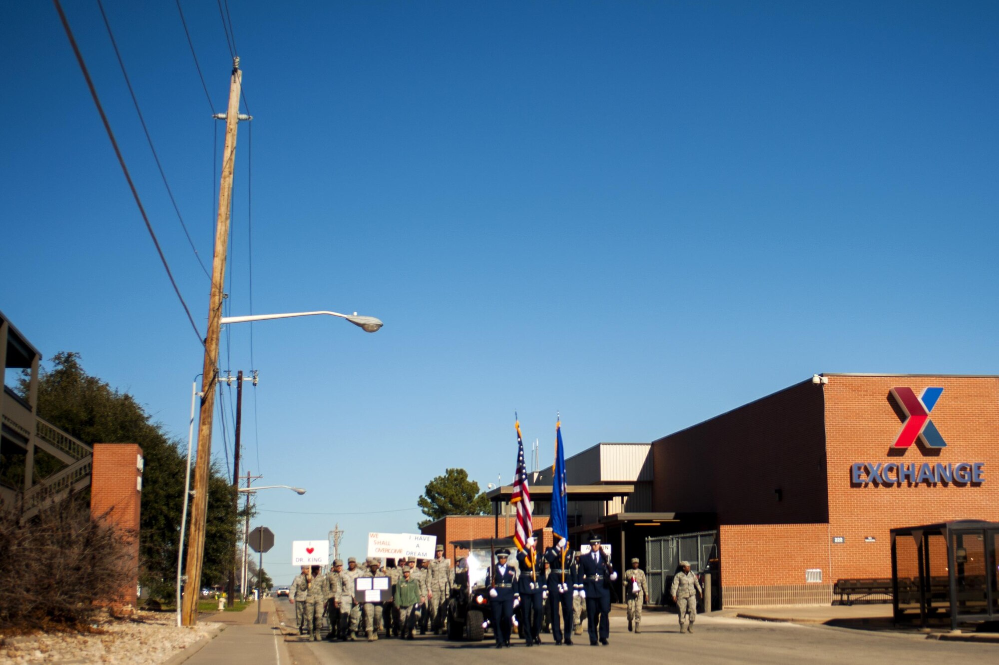 Goodfellow members participate in the March on Goodfellow event on Goodfellow Air Force Base, Texas, Jan. 15, 2016. The event commemorated the marches Martin Luther King Jr. and his supporters led during the civil rights movement. (U.S. Air Force photo by Senior Airman Scott Jackson/Released)