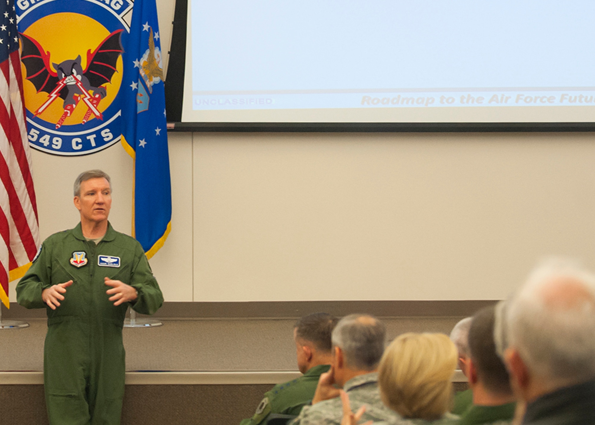 Gen. Hawk Carlisle, commander of Air Combat Command, addresses senior Air Force leaders and policy makers at the 2016 Command and Control Summit, “Roadmap to the Air Force Future Operating Concept,” Jan. 12, 2016 at Nellis Air Force Base, Nev. Discussion topics included the reinvigoration of Blue Flag, an ACC-sponsored exercise that focuses on wartime operations for air, space and cyberspace crisis action planning. It also provides training for joint and coalition operations and headquarters. Other topics of discussion at the summit included multi-domain operation centers in contested environments and more. (U.S. Air Force photo by Lawrence Crespo/Released)  
