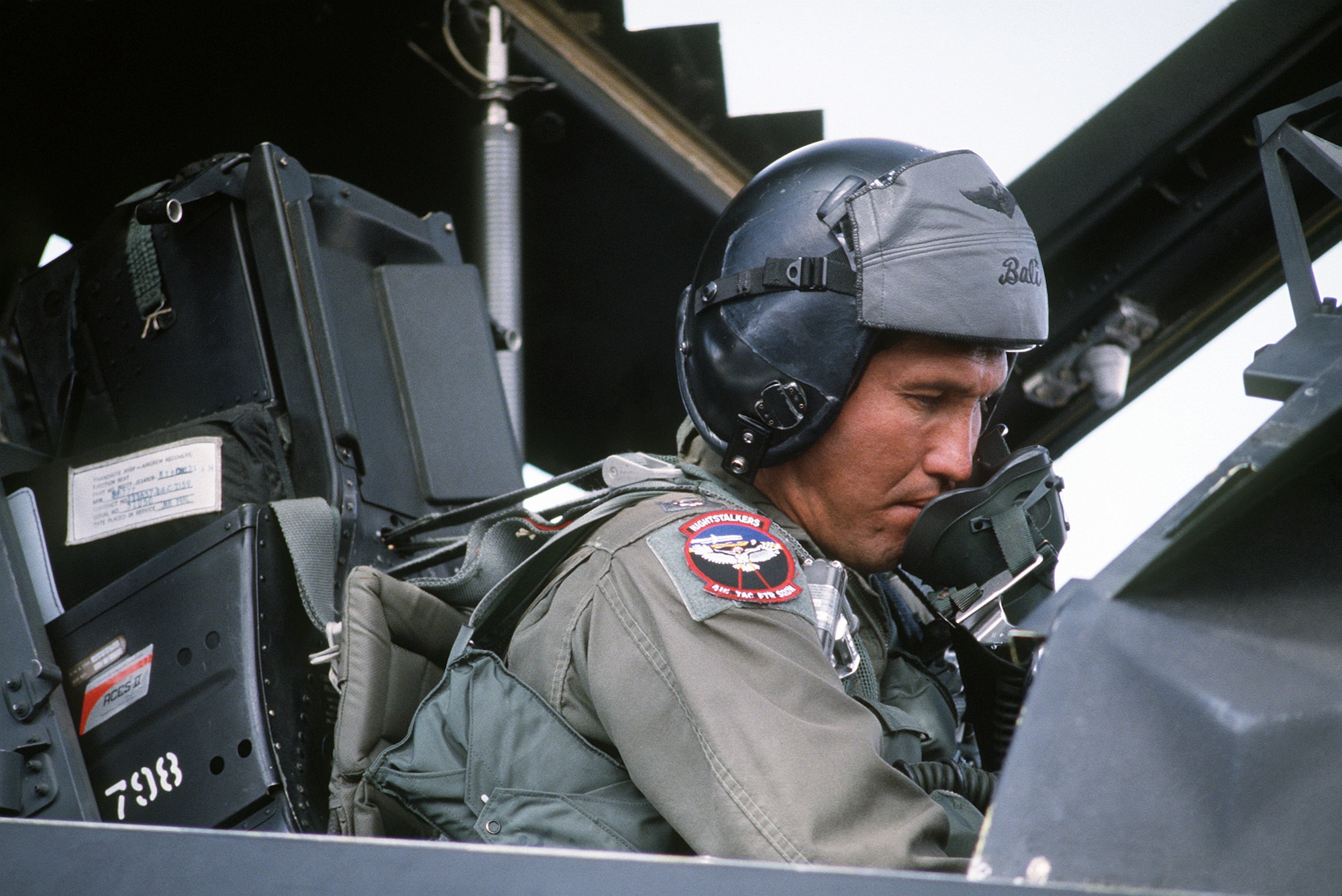 U.S. Air Force Maj. Joe Bowley, a pilot with the 37th Tactical Fighter Wing sits in the cockpit of a U.S. Air Force F-117A Nighthawk stealth fighter aircraft while getting ready for the flight home after Operation Desert Storm. The attacks during Operation Desert Storm neutralized over 700 Iraqi combat aircraft and heavily damaged critical military support networks including command and control centers, communications and intelligence capabilities, integrated air defenses and power generation centers. (U.S. Air Force Courtesy Photo)