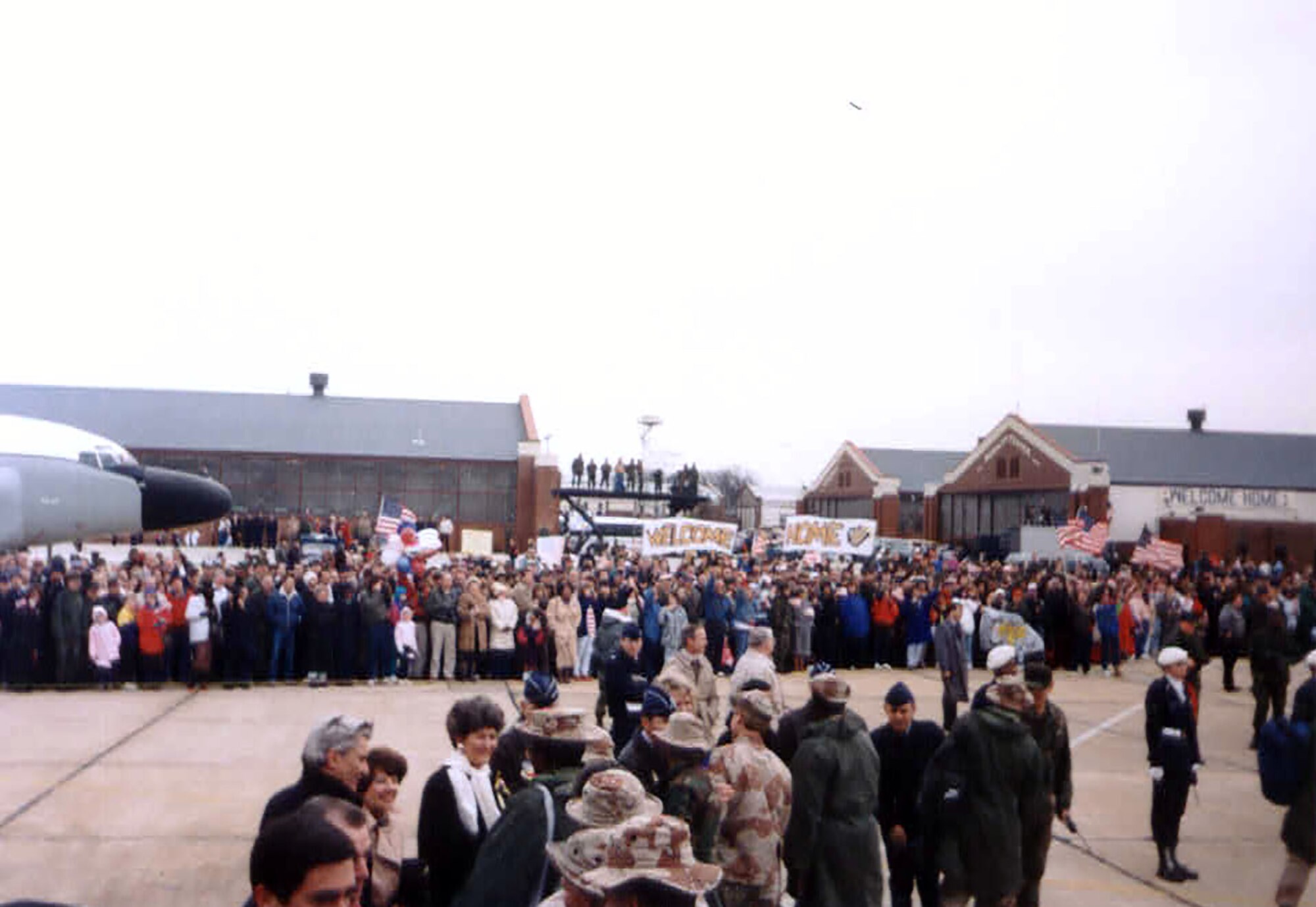 Airmen returning back to Langley Air Force Base, Virginia, after serving in Desert Storm were greeted by family and friends on the flightline with a special homecoming celebration March 1991.  (Courtesy photo)